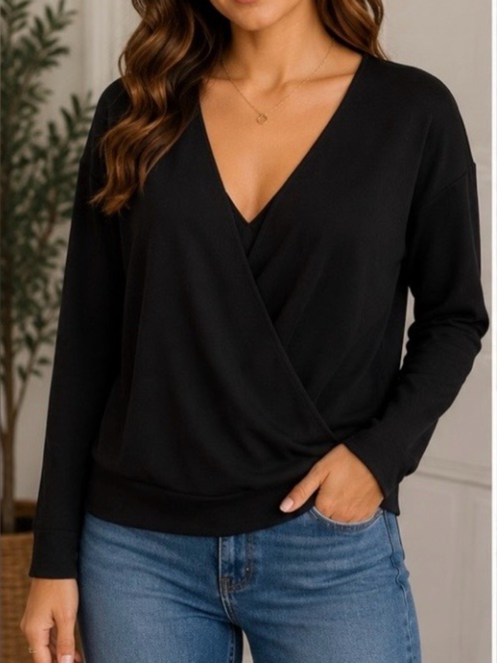 J Brand Black Wrap Front Long Sleeve Top Women's XS Soft Stretch Minimalist